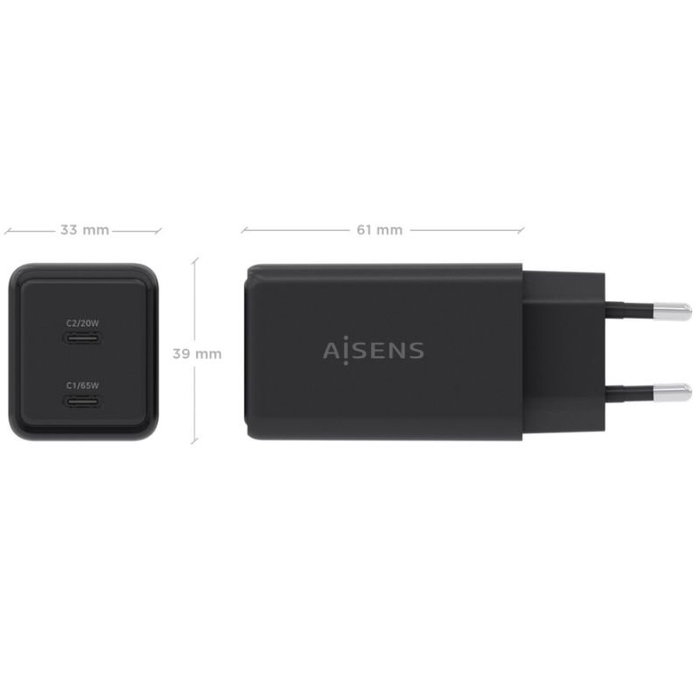 Aisens Cargador GaN 65W con 2x USB-C Negro